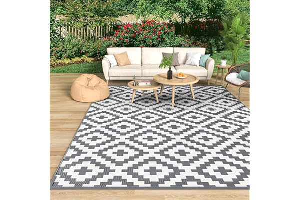 Mokani Tapis d'extérieur imperméable et antidérapant en Paille de Plastique résistant aux UV pour Patio, terrasse, Plage, Pique-Nique, arrière-Cour (150 x 240 cm, Gris & Blanc)