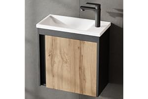 ‎PLANETMÖBEL Planetmöbel Badmöbel Set 2-teilig Waschbecken mit Unterschrank 50 x 48,3 x 24,8 cm grau matt/Wotan Eiche, Waschbeckenunterschrank mit Einsatz-Waschbecken weiß