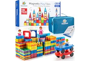 SUNNY AUNTIE Magnetic Tiles 138 PCS+ 4 FIGURES+ Case, Magnetic Tiles for Kids, Toy for 3 4 5 6 7 8 Year Old Boys & Girls, Magnetic Tiles Building Set Educational Construction STEM Toy, Great Gift for Kids Aged 3-8