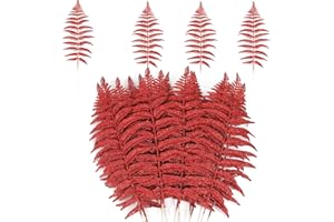 MWOOT 16 Piezas Hojas Artificiales de Navidad con Purpurina, Hoja de Arbusto de Helecho Rojo, Tallos de Hojas Falsas para DIY Manualidades Guirnalda Árbol de Navidad Mesa Decoración del Hogar y Jardín