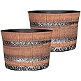 SG Traders Round Plastic Whisky Barrel Garden Pot Flower Pots Planter Tub Patio Pot Outdoor Traditional Barrel Brown with Silver Bands Garden Plant Pot Outdoors with Drainage Holes (Pack of 2)