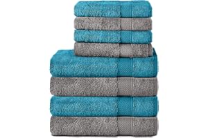 ‎KOMFORTEC Komfortec 8er Handtuch Set aus 100% Baumwolle, 4 Badetücher 70x140 und 4 Handtücher 50x100 cm, Frottee, Weich, Towel, Groß, Anthrazit/Türkis