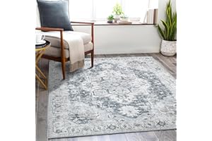 TOPICK Dywan 210 x 300 cm, szary, kwiatowy, składany, nadaje się do prania, super cienki, w stylu vintage, z krótkim włosiem, orientalny dywan kuchenny do wnętrz, sypialni, salonu, jadalni, biura,