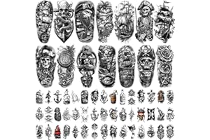 METUU Lot de 77 feuilles de tatouages temporaires pour adultes et enfants - Faux tatouages imperméables - 17 grands et 60 petits autocollants noirs - Motif pirate et tête de mort