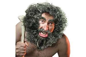 BALINCO Peluca y barba + cejas hombre prehistórico | hombre de Neanderthal | gnomo de madera | ermitaño en gris/gris oscuro para carnaval o fiesta de disfraces
