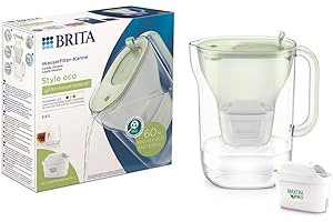 BRITA Style Eco Green Water Filter Jug (2.4 L) Including 1 Maxtra Pro All-in-1 Cartridge - Sustainable Water Filter in Modern Design to Reduce Limescale, Chlorine, Lead & Impurities