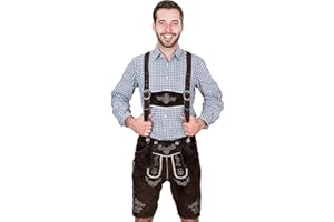 SYMPHONIE WESTERWALD Bayerische Herren Trachten Lederhose kurz, Elegante Trachtenlederhose mit Trägern, original in Dunkelbraun/mittelbraun, Oktoberfest, Größe 44-60