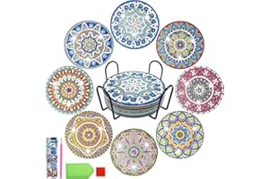 Wikay Posavasos Pintados con Diamantes, Juego de 8 Posavasos de Arte de Diamantes con Soporte, Posavasos con Mandalas de Bricolaje, Manualidades de Bricolaje, Kit de Pintura de Diamantes
