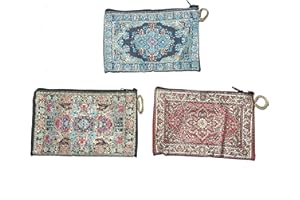 HCZ 3 Monederos Estampados Étnicos,Tamaño 15 * 10cm, Monedero Pequño para Monedas, Tarjetas, Llaves, Cosmético,Hecho a Mano en India