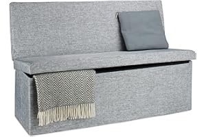 Relaxdays Baúl Almacenamiento, Banco con Respaldo, Puff Asiento Almacenaje, Taburete, Lino, 1 Ud, 73x114x38 cm, Gris