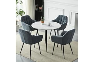 HomJoy Round Dining Table and Armchair Chair Set of 4, Lounge Chair with Armrests Backrest Fabric Leisure Dining Chairs for Living Room, Dining room, Conference Room (4*Grey+90cm table)