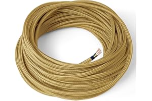 Amarcords - Cavo elettrico tessile colore ORO tondo seta 20 metri con messa a terra 3x075mm - Filo rivestito in tessuto colorato vintage per lampade lampadari applique e abat jour.