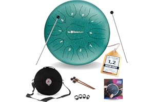 Sonodrum Steel Tongue Drum « Standard » do majeur en vert - 12 pouces avec 11 sons - Tambour à langue en acier avec livre de partitions, mailloches et sac. Savoir jouer des notes n'est pas nécessaire.