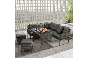LTGB Garden Furniture Sets, Garden Sofa,Garden Corner Sofa Rattan Patio Set, 7 Seater Outdoor Patio Furniture,Lounge Corner Sofa Set with Table Stool, Mixed Grey Wicker with Dark Grey Cushions
