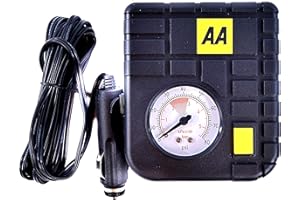 AA Car Essentials 12V Compact Tyre Inflator AA5007 – For Cars Vans Motorbikes Vehicles Inflatables Bicycles - PSI BAR KPA 0-80 PSI – Includes Adaptors, Black