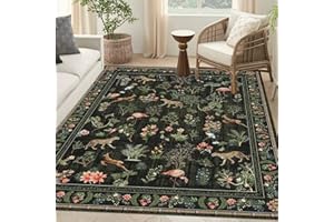 MOONYSWEET Waschbarer dunkelgrüner Teppich, 150 x 200 cm, Tier, Botanik, Boho, groß, Wohnzimmerteppich, Gepard, Flamingo, Hirsch, floral, rutschfest, weich, orientalisch, Vintage-Farbe, Schlafzimmer, Esszimmer