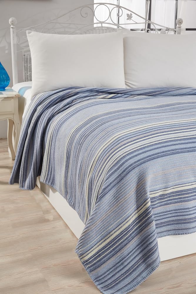 Vicuna Home Softy Pamuklu Battaniye, Tek Kişilik 150x200 cm, 4 Mevsim, Mavi Çizgili