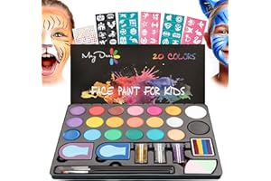 Maydear Face Paint Kit for Kids with 20 Colors Safe and Non-Toxic Pearl Paints, 41 Stencils, 3 Brushes Professional Face Painting Kit (20 colores - A base de agua)