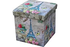 D&D Quality Puff Almacenaje Plegable, Asiento Acolchado, 38 x 38 x 38 cm - Exterior Suave Piel Sintética - Caja Almacenamiento Cuadrada (Paris)