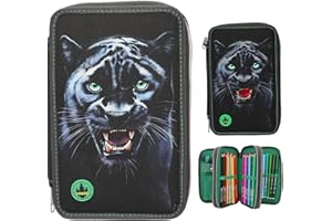 Depesche 13709 Adventure World Panther - Gefüllte 3-Fach Federtasche in Schwarz, mit Panther Motiv und LED Lichteffekten, Federmappe mit Buntstiften, Schere, Lineal UVM.