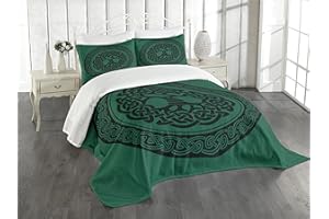 ABAKUHAUS, celtycki, Narzuta na łóżko 220 cm x 220 cm + 2 poszewki na poduszki 75 cm x 50 cm, Monochromatyczne Drzewo życia ilustracji Timeless Europejskiej Motif, Forest Green Czarny