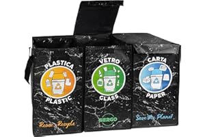 SERGO Borse Raccolta Differenziata con Coperchio - Contenitori Differenziata Interno e Esterno per Plastica, Carta e Vetro - Pattumiera differenziata 3 scomparti Marmo Design