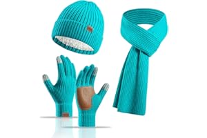 Yoolhamy Ensemble bonnet, écharpe et gants pour femme - 3 pièces - Thermique - Épais - En tricot - Longue écharpe - Gants pour écran tactile - Pour l'hiver - Pour l'hiver - Bonnet de ski en plein air