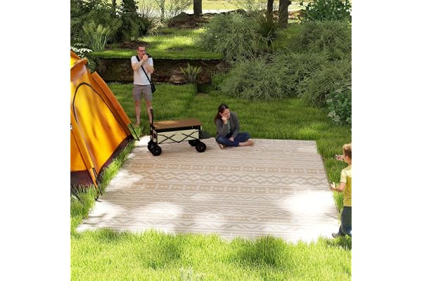 Outsunny Tapis d'extérieur réversible 3,7 x 2,7 m, Tapis de Sol au Motif Mur géométrique en PP résistant aux intempéries, Sac de Transport Inclus, Tapis extérieur terrasse, Kaki et Beige Clair