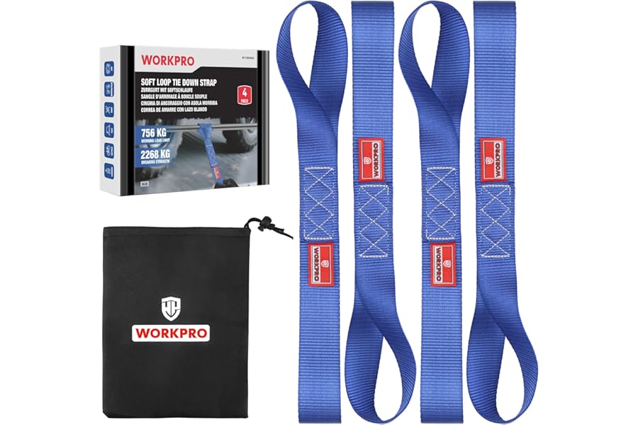 WORKPRO 4-Pack Soft Loop Tie Down Straps, 43x4 cm Polyester Cargo Securing Straps, 2268 kg Breaking Strength, Heavy Duty Tie Down Loops for Securing Bicycle, Motorcycles, ATV