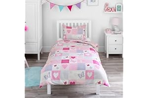 Bloomsbury Mill - Kids Single Duvet Cover Set - Childrens Single Bedding for Girls - Hearts and Butterflies Patchwork Single Bed Duvet Cover Set with Pillow Case - Pink - 135x200cm