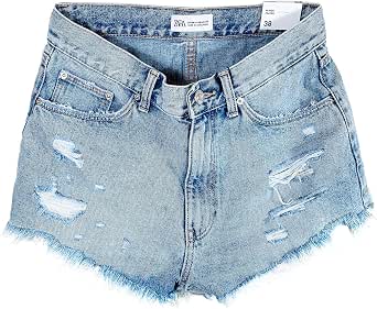 Zara 9794/007 - Pantaloncini in jeans a vita alta con strappi blu 38 EU :  Amazon.it: Abbigliamento