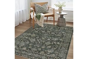 PureCozy Matta för vardagsrum, vintagestil, tvättbar, grön, 80 x 150 cm, blommigt mönster, halksäker, mjuk, för kök, sovrum