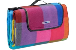 Relaxdays Picknickdecke XXL, 200 x 200 cm, Fleece Stranddecke, wärmeisoliert, wasserdicht, mit Tragegriff, bunt kariert, schwarz-rot