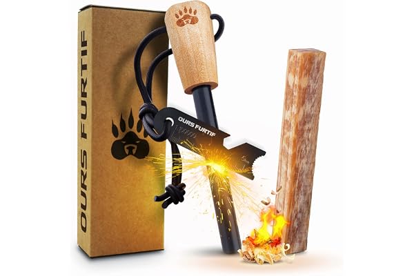 Kit Firesteel - Pierre à Feu de Survie - Barre Magnésium Tendre de qualité XL 10mm - 15 000 utilisations - Accessoire Camping, Survivalisme, Bushcraft, Randonnée - Allume Feu Naturel Inclus