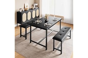 AffinityFurn Dining Table Set for 4, Dining Table with 2 Upholstered Benches Set, 3 Piece Space-Saving Kitchen Table Set, Metal Frame Dining Room Furniture for Restaurant Bistro Small Space