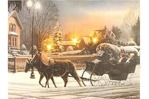 Nexos Trading LED Wandbild Beleuchtung 30x40 cm Bescherung Weihnachtsschlitten 3 LED Fotodruck Kunstdruck Leuchtbild Weihnachten Batterie Timer 20 Effekt-LED Weihnachtsabend