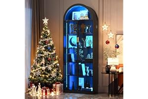 FREDEES Arch Display Cabinet with Doors and Adjustable Shelves, 76" Tall Curio Cabinet with LED Lights/Storage Space, 6 Tier Display Case Bookcase for Collectibles Bedroom Living Room Office, Black