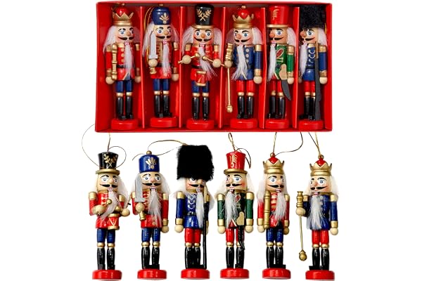 THE TWIDDLERS 6 Traditionella Jul Nötknäppare i Trä, 13cm - Hängande Julgransdekoration - Robust och Förstklassig Kvalitet