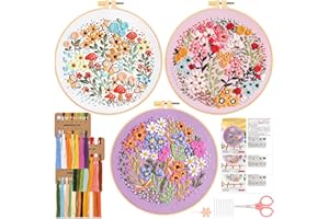 JSRQT 3 Kits de Bordado para Principiantes Adultos Kit de Inicio de Bordado Manualidades Bricolaje Kits Punto de Cruz Completo Embroidery Kit Arte del Bordado con Instrucciones de Flores Patrón
