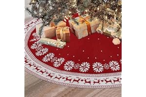 Dremisland Duża spódnica na choinkę, 122 cm, czerwona, dziergana mata pod choinkę, dywan w płatkach śniegu, renifery, mata na choinkę, okrągły stojak na choinkę, mata do domu, na uroczystości,