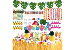 AOUVT 107 Stück Hawaii Party Dekoration Set，Hawaii Luau Tischröcke，Hawaiianische Partydekorationen，Kranz，Die Blumen，Künstliche Palmenblätter，Kuchengabeln und Strohhalme Dekorieren，Gut für Grillpartys