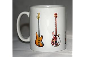 GEORGE MORGAN ILLUSTRATION Bassgitarre Mug. 5 Berühmte Bass-Gitarren auf eine Tasse.