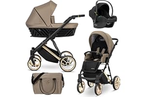 Kunert® IVENTO 3 in 1 Kinderwagen Kombikinderwagen komplettset I incl. Babywanne & Buggy Sportsitz & Auto-Babyschale mit Wickeltasche/Regenschutz +Fußsack I IVE 10 CARAMEL MACCHIATO/GOLD FRAME