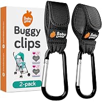 Simexo 2-Pack Pram Hooks With Leather Strap – Carabiner Clips For Strollers & Wheelchairs, Holds 7kg Each, Black