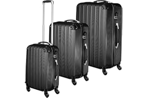 TecTake® Set Valigie Trolley Rigide, 3 Pezzi, Grande, Medio, Bagaglio a Mano, Ruote Girevoli a 360°, Struttura ABS Robusta, Maniglie Telescopiche in Alluminio - Nero
