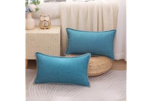 decorUhome Set of 2 Linen Cushion Covers 30X50cm,Decorative Outdoor Plain Vintage Cushion Covers with Stitched Edges, Rectangle Farmhouse Neutral Pillow case 12x20 Inch for Sofa, Teal