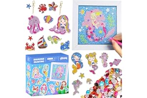 Huifengjie Zestaw do malowania diamentowego 5D, syrenka, 1 obraz do malowania diamentami, dla dzieci, 2 breloczki do kluczy, 1 naklejka, syrenka, prezent dla dziewczynki w wieku 6-12 lat