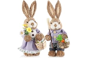 com-four® 2X Stroh Osterhase handgemacht - Deko-Osterhase zur Osterdekoration - Strohfiguren für Ostern - Deko-Hase aus Stroh - handgefertigte Hasen (02 Stück - Flieder/weiß)