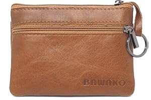 BAWAKO Portamonete in vera pelle, tre scomparti, chiusura con cerniera, adatto per carte e monete, con portachiavi mini portafoglio, universale(Marrone chiaro)