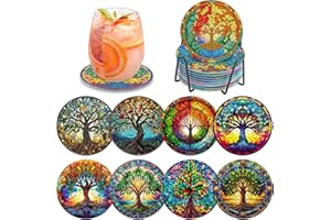 MOGTAA Peinture Diamant Dessous de Verre, 8PCS Kit Diamond Painting Arbre de Vie, 5D Paysage sous-Verres Art de Diamant avec Support, Kits de Peinture Diamant pour Adulte Enfants